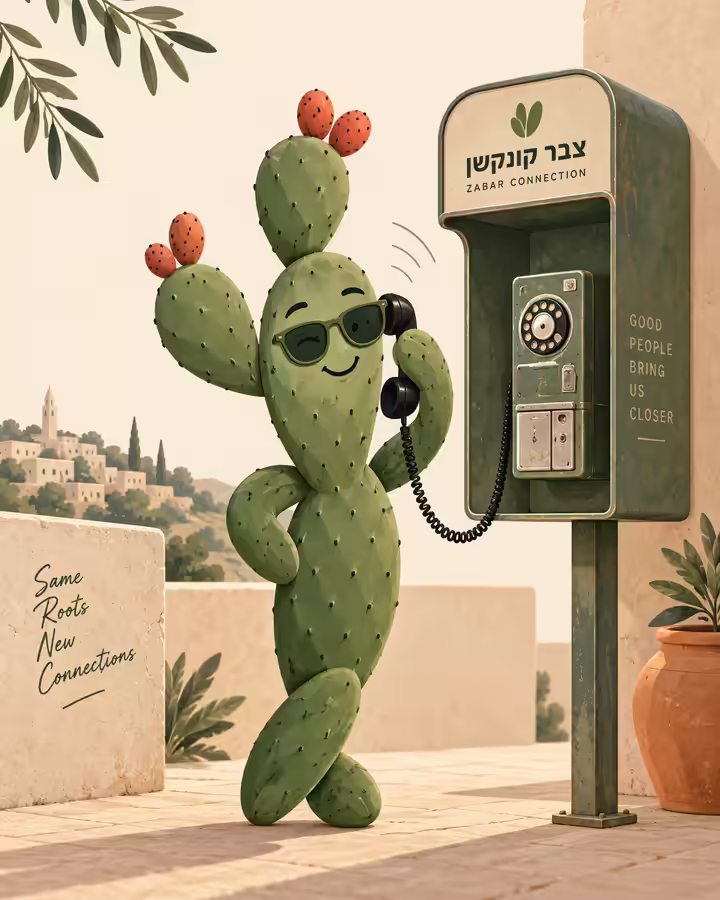 צבר עם משקפי שמש מדבר בטלפון ציבורי של צבר קונקשן, על רקע נוף ישראלי